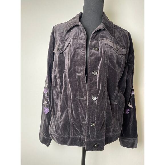 Style&Co Women's Velvet Embroidered Floral On Sleeves 100% Cotton Jacket Gray L - Picture 1 of 10